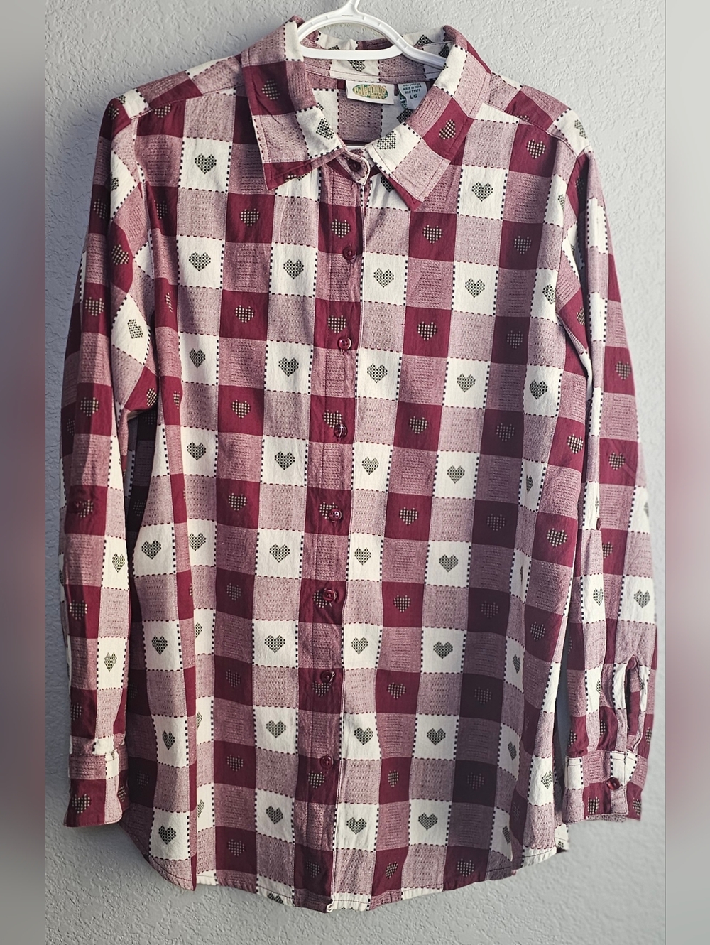 Womens Cottagecore Patchwork Plaid Heart Button Shirt Cotton Long Sleeve L